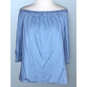 Girl Krazy Blue Off Shoulder Cotton Blend Chambray 3/4 Sleeve Top Small